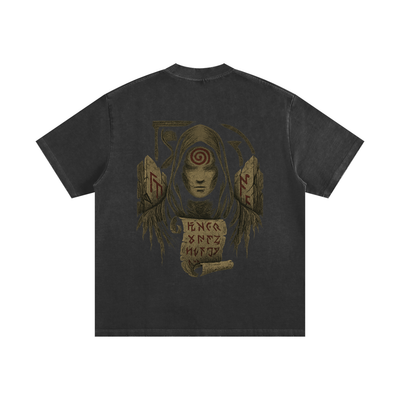 Spiral eye print on oversized washed 430g streetwear cotton shirt, black