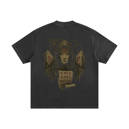 Spiral eye print on oversized washed 430g streetwear cotton shirt, black