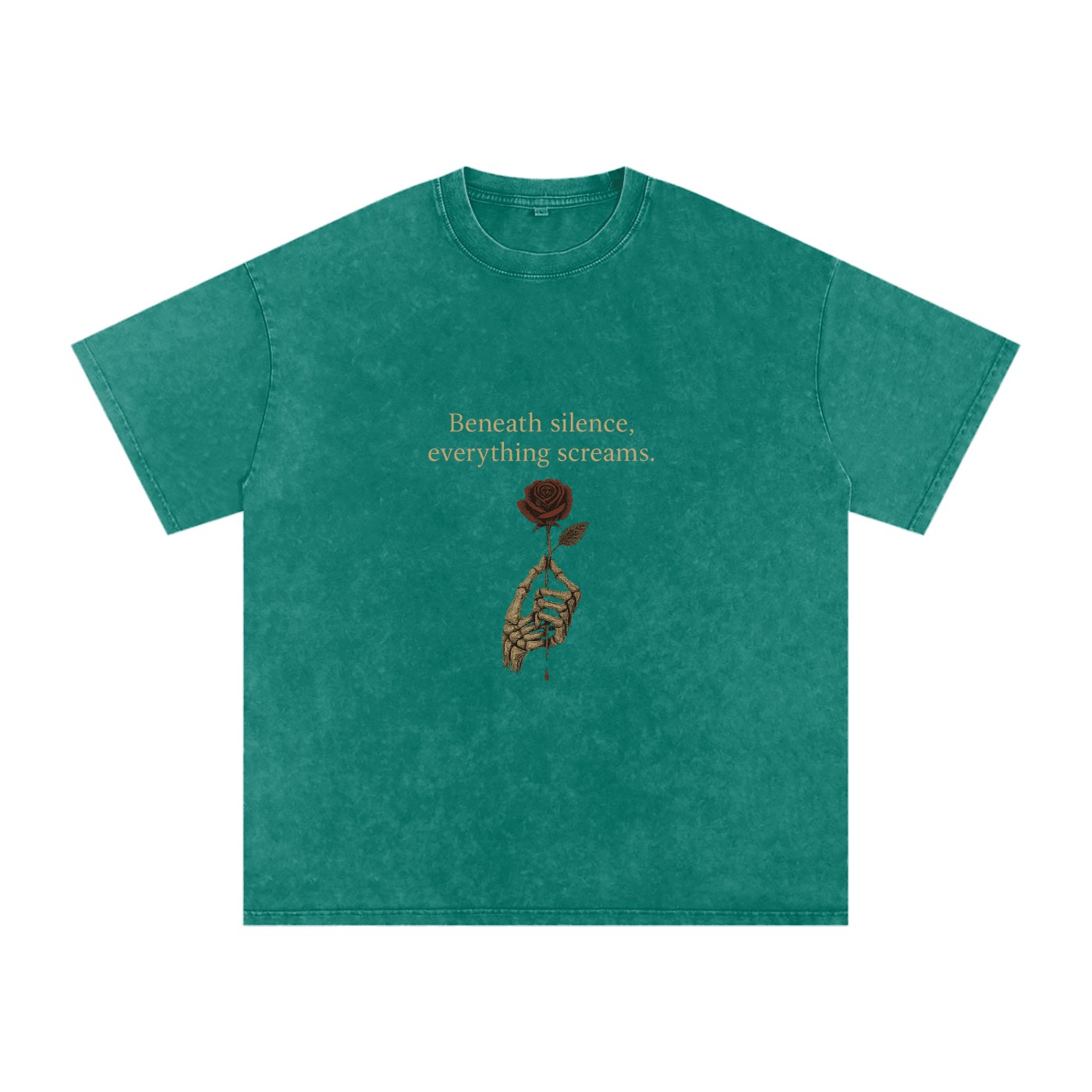 Front print of Masked Silence tee showing skeleton hand holding red rose beneath a silent quote on washed black cotton Dark Gren