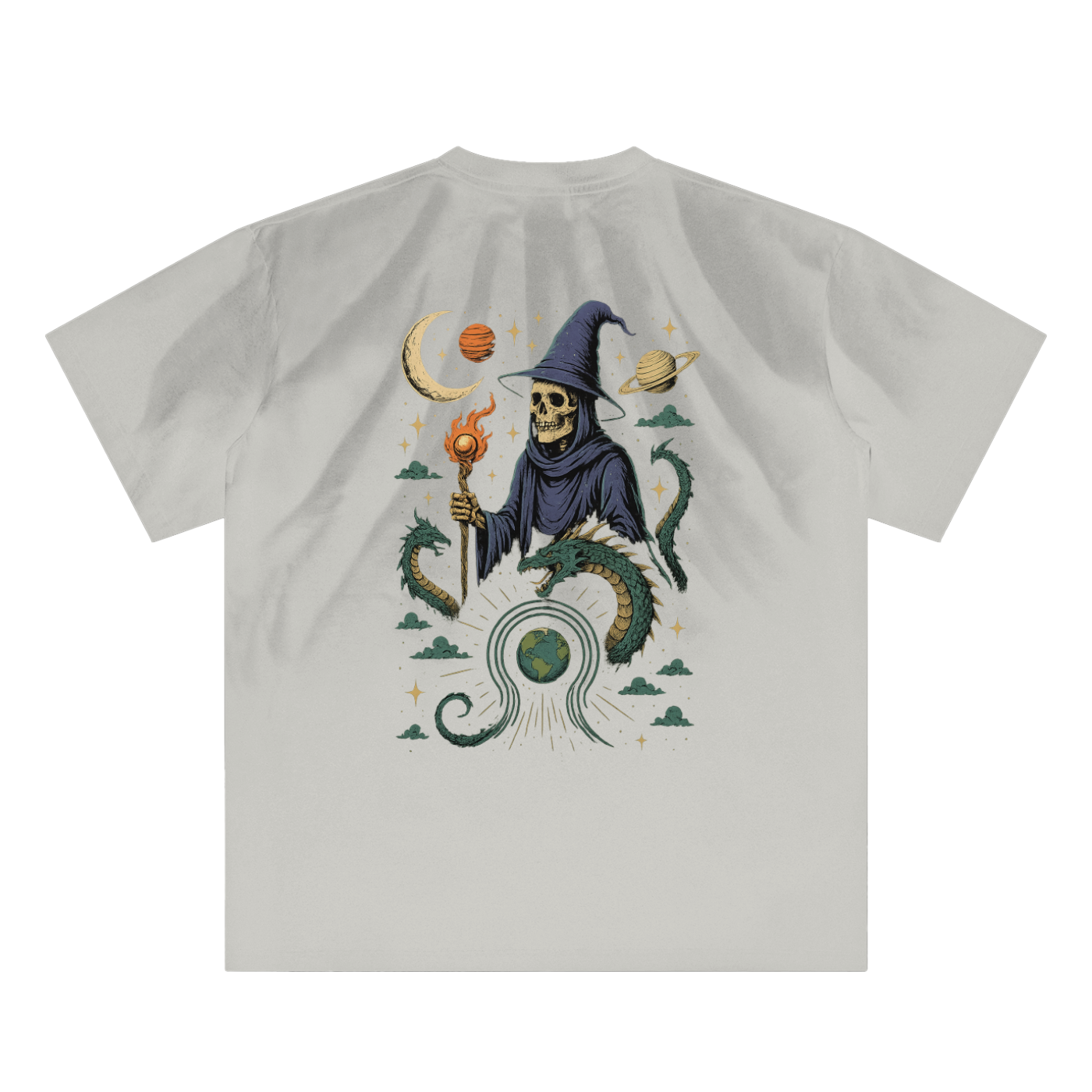 Wizard and dragon cosmic design on back of sand black tee