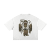 Bold spiral artwork on ripped style cotton t-shirt, white