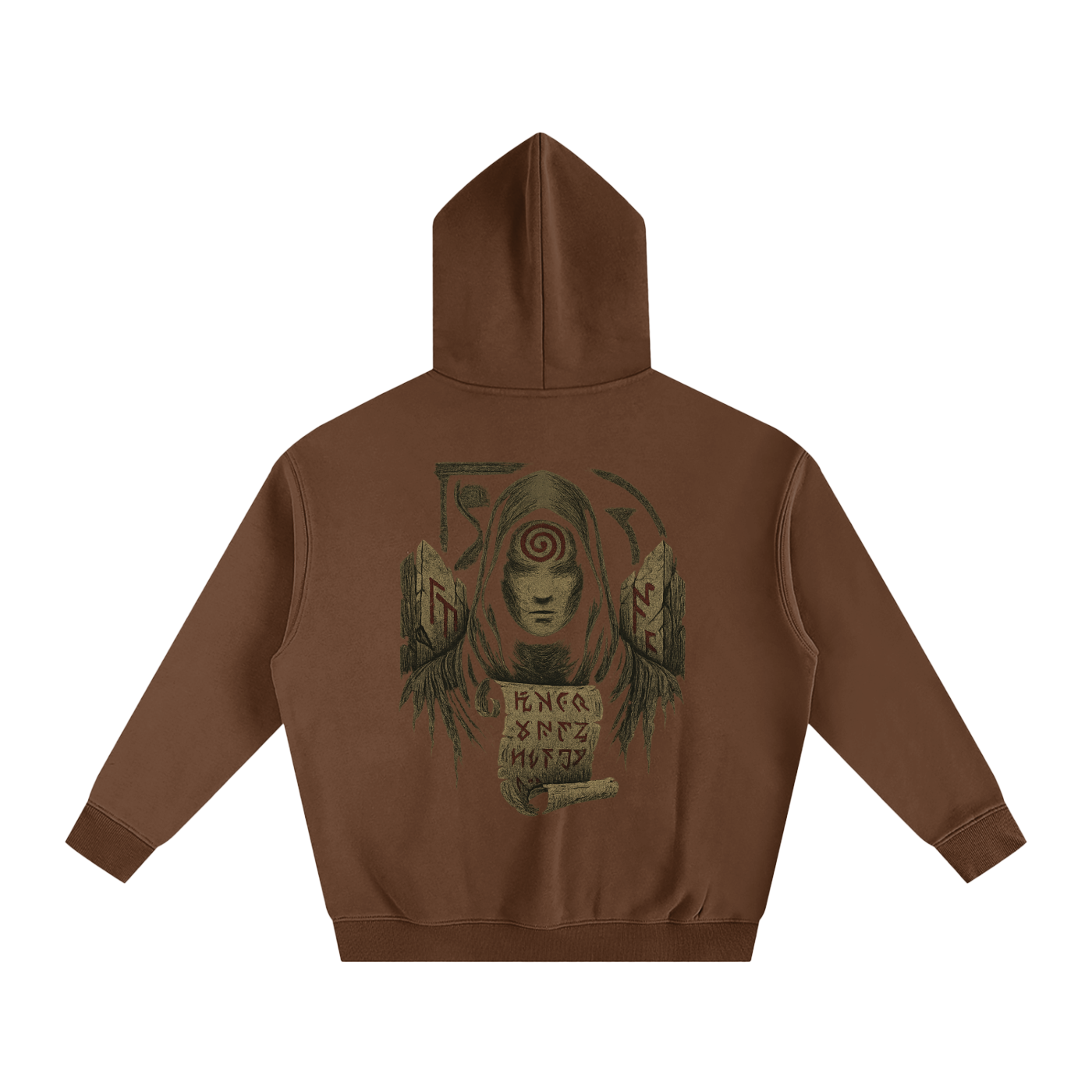 Unisex streetwear hoodie with mystic back print design, coffee