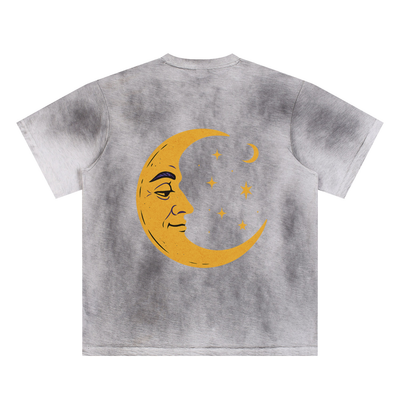 Half moon with stars print on washed black moon graphic tee – surreal oversized streetwear shirt