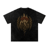 Back design of oversized graphic tee featuring three-faced gothic figure with roses and rising smoke black

 