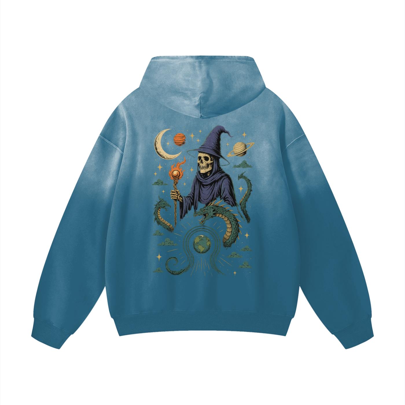 Cosmic dragon wraps planet print on jeans blue hoodie back


