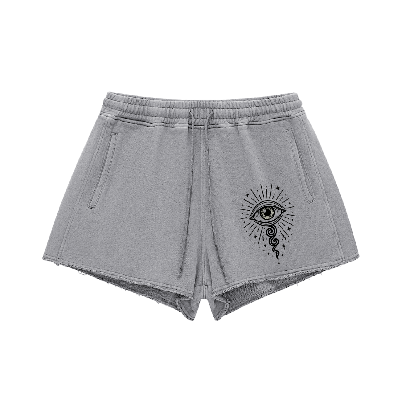 women's gray cotton shorts front with mystical vision eye design
