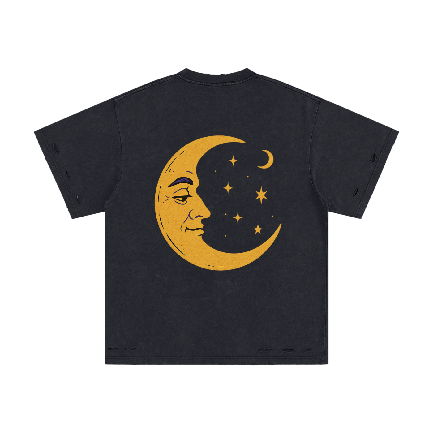 Back print showing crescent moon and stars on dark gray oversized tee

