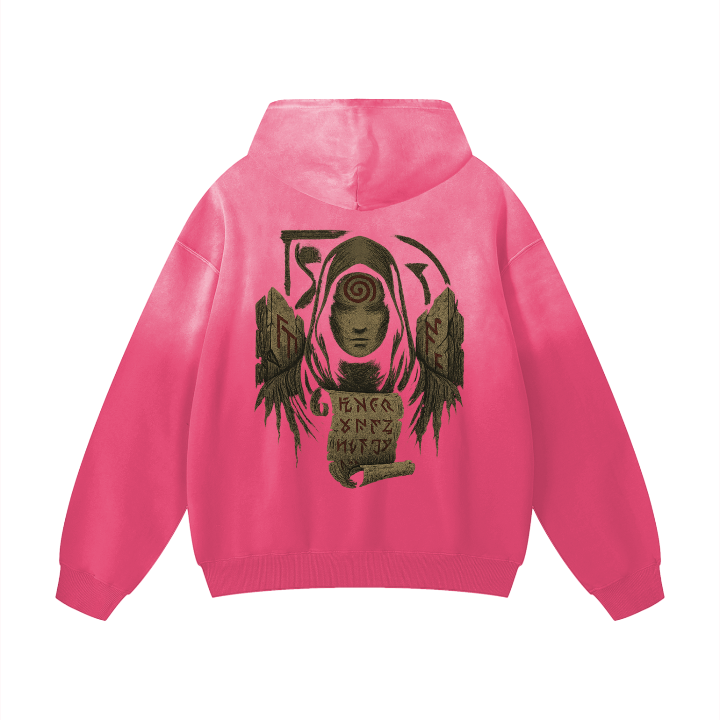 Back view of heavyweight streetwear hoodie with mystic print, pink