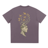 Back visual of abstract swirling thoughts and nature print on plum purple t-shirt

