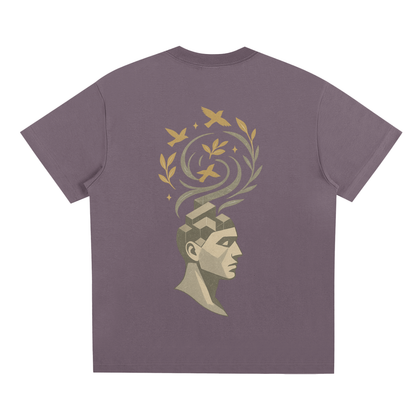Back visual of abstract swirling thoughts and nature print on plum purple t-shirt

