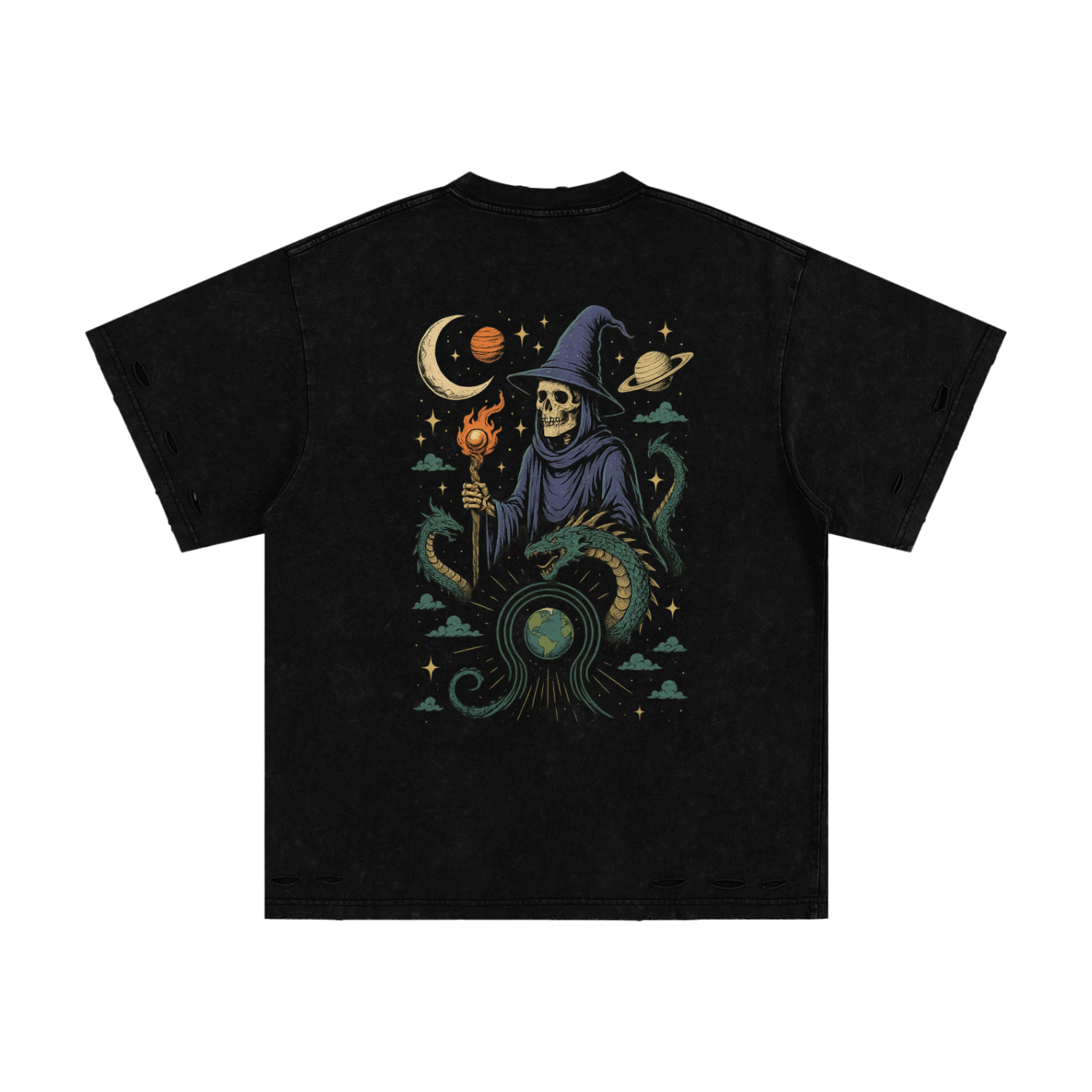 Mystic dragon and stars design on black celestial t-shirt back

