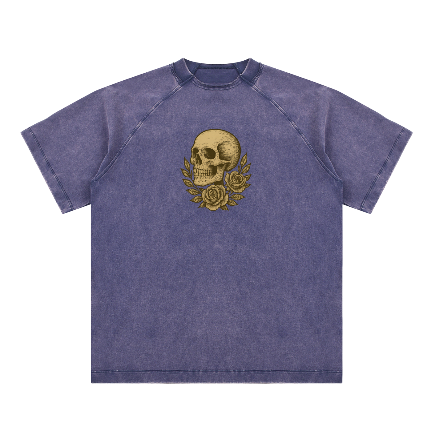  Deep navy blue tee with vintage skull and rose chest art