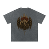 Back design of oversized graphic tee featuring three-faced gothic figure with roses and rising smoke Pirate Gray