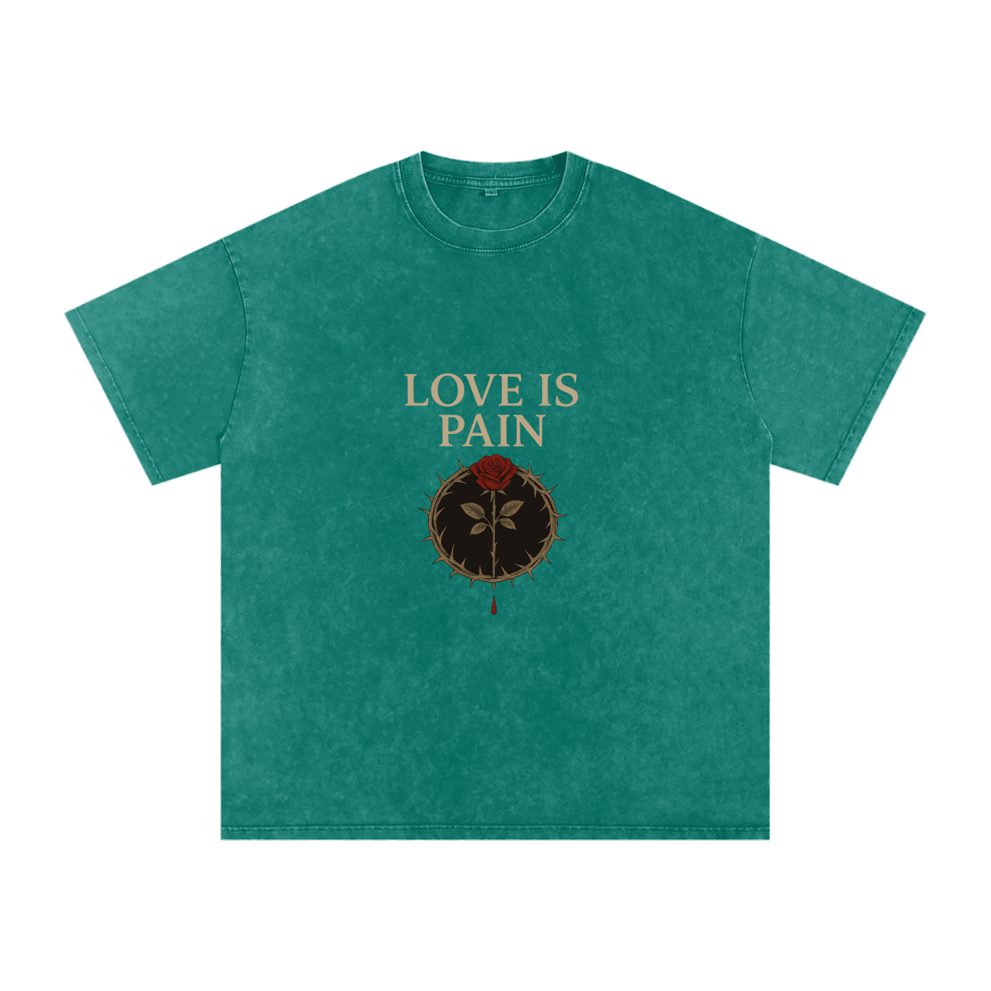 Front view of Love Is Pain graphic t-shirt showing bleeding rose wrapped in barbed wire – Stitro unisex design Dark Green