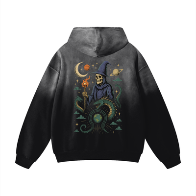Cosmic summoner and dragon art on back of black hoodie

