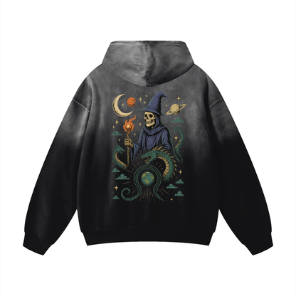 Cosmic summoner and dragon art on back of black hoodie

