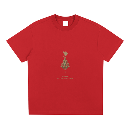 Front artwork of golden blooming mind graphic on red Sorona® tee

