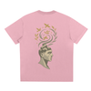 Pink background with abstract golden head and birds design on the back

