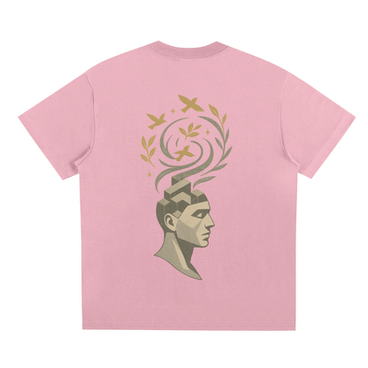 Pink background with abstract golden head and birds design on the back

