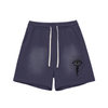 Navy blue shorts with cosmic eye design printed on front