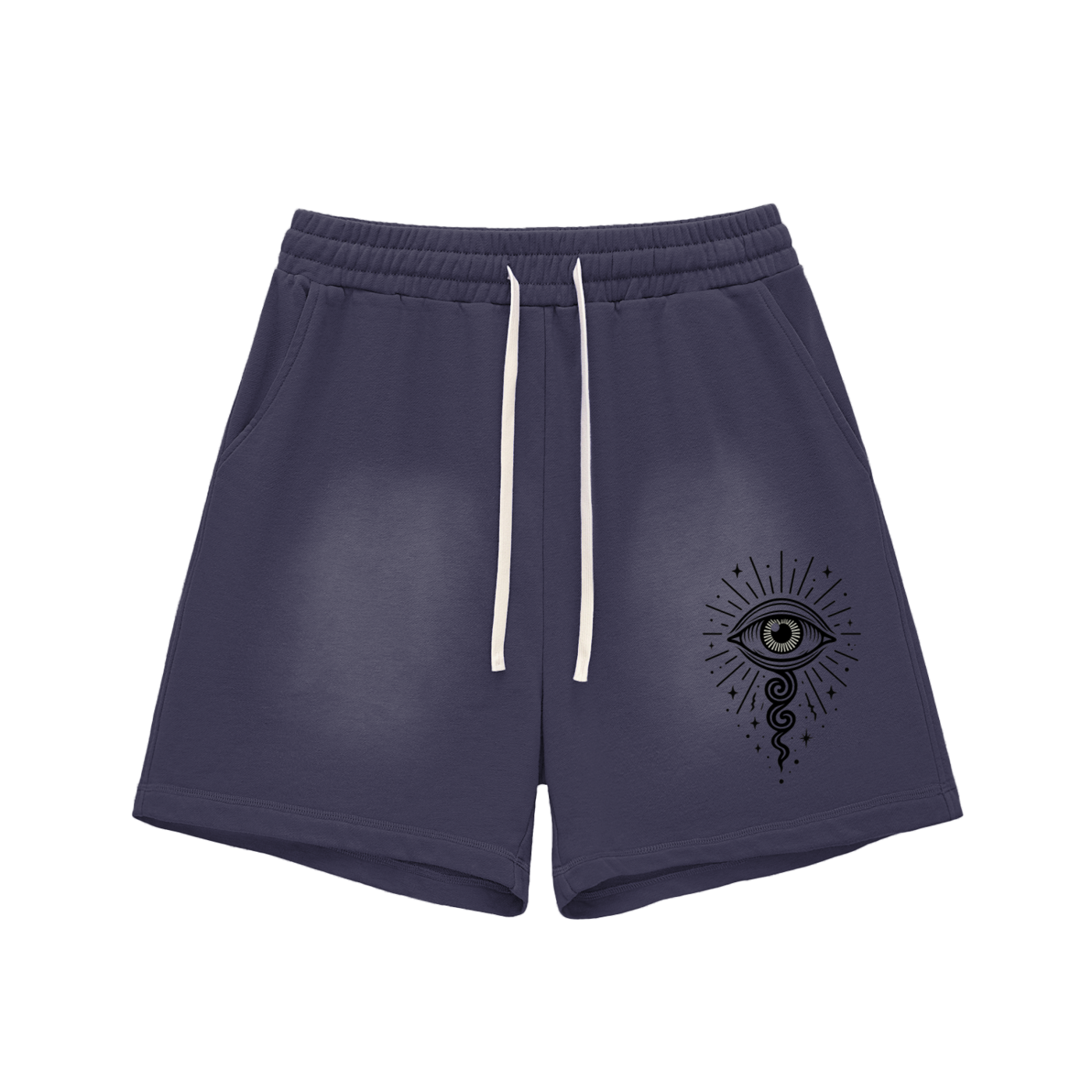 Navy blue shorts with cosmic eye design printed on front
