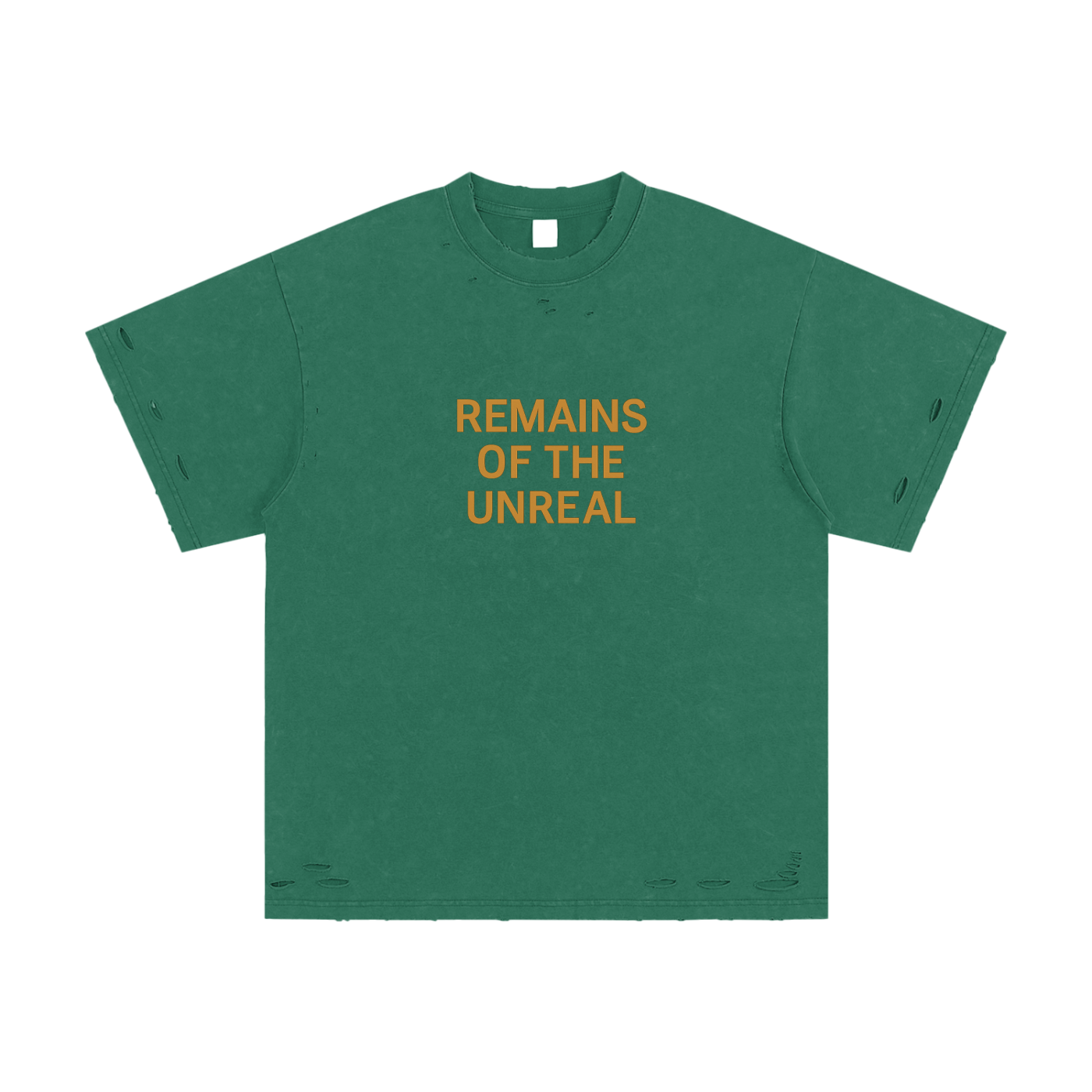 Front view of Remains of the Unreal t-shirt in dark green color

