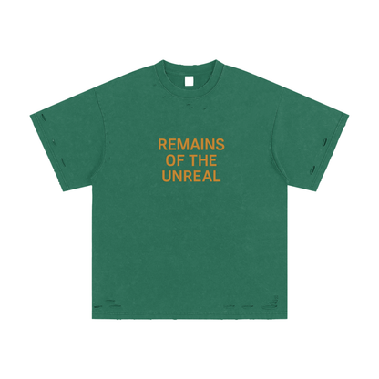 Front view of Remains of the Unreal t-shirt in dark green color

