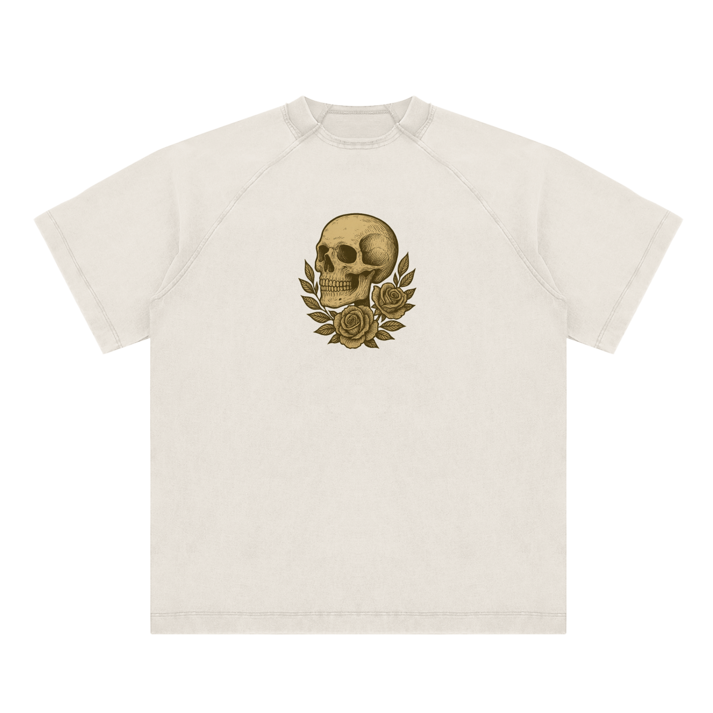 Light gray-white t-shirt with central skull and floral graphic print