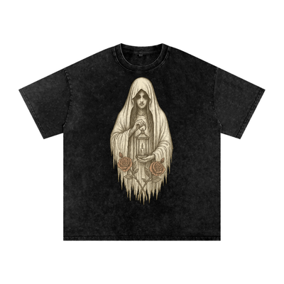 Silent Ember – Washed Black Graphic T-Shirt for Men | Loose Fit Spiritual Streetwear