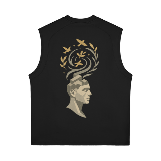 Back view of Stitro™ Mind Bloom Graphic Tank Top in Black featuring abstract floral skull art