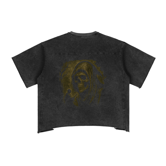 Skull reaper artwork on cotton drop shoulder graphic t-shirt, black