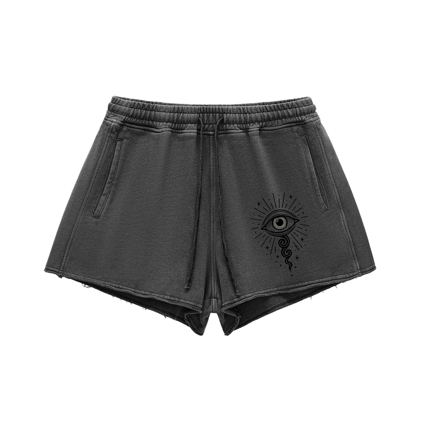 women's black cotton shorts front with all-seeing eye graphic print
