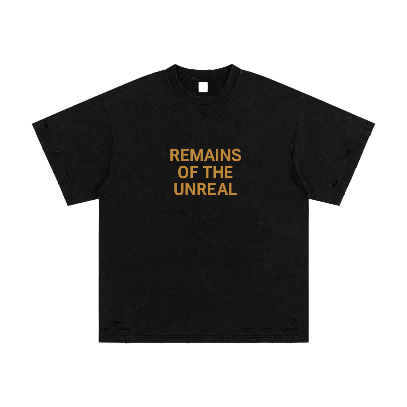 Front view of Remains of the Unreal graphic t-shirt in black

