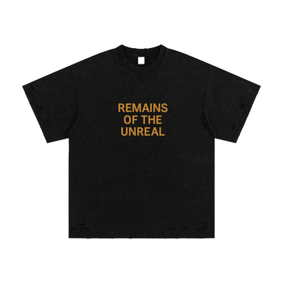 Front view of Remains of the Unreal graphic t-shirt in black

