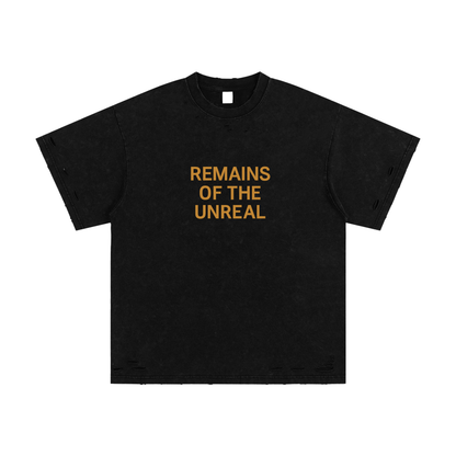 Front view of Remains of the Unreal graphic t-shirt in black

