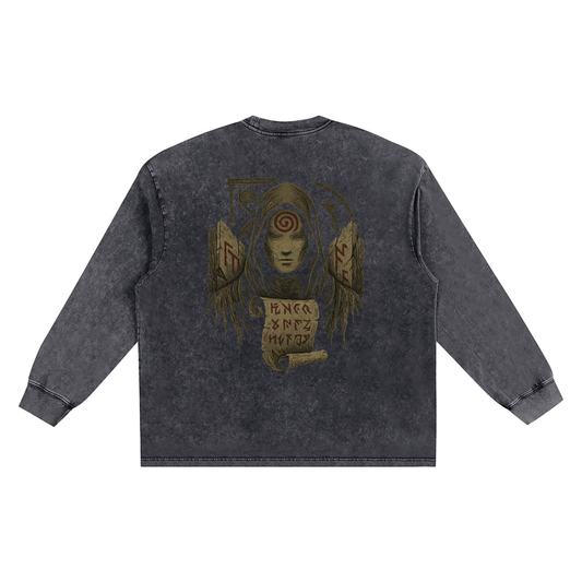 Mystic Spiral Eye print on vintage long sleeve streetwear shirt, black