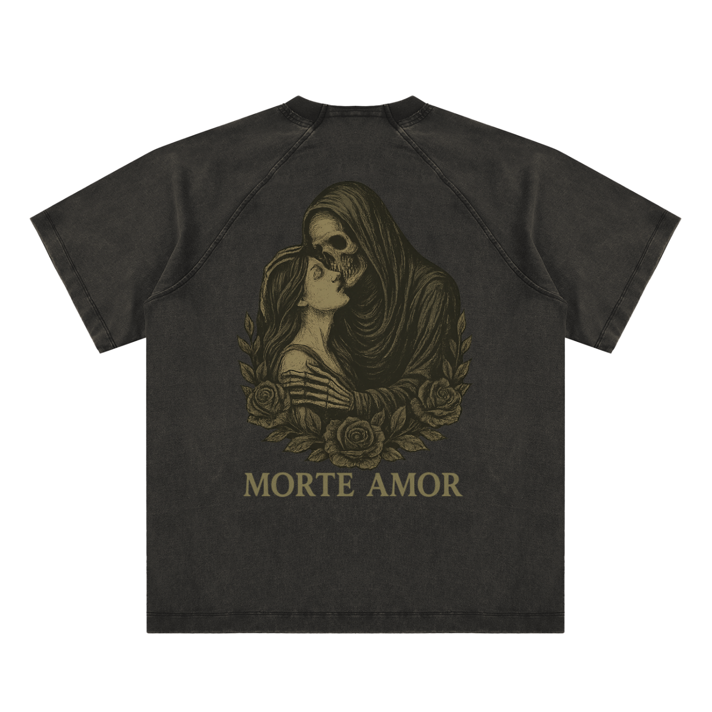 Soft-tone gothic death-and-love art print with bold dark message

