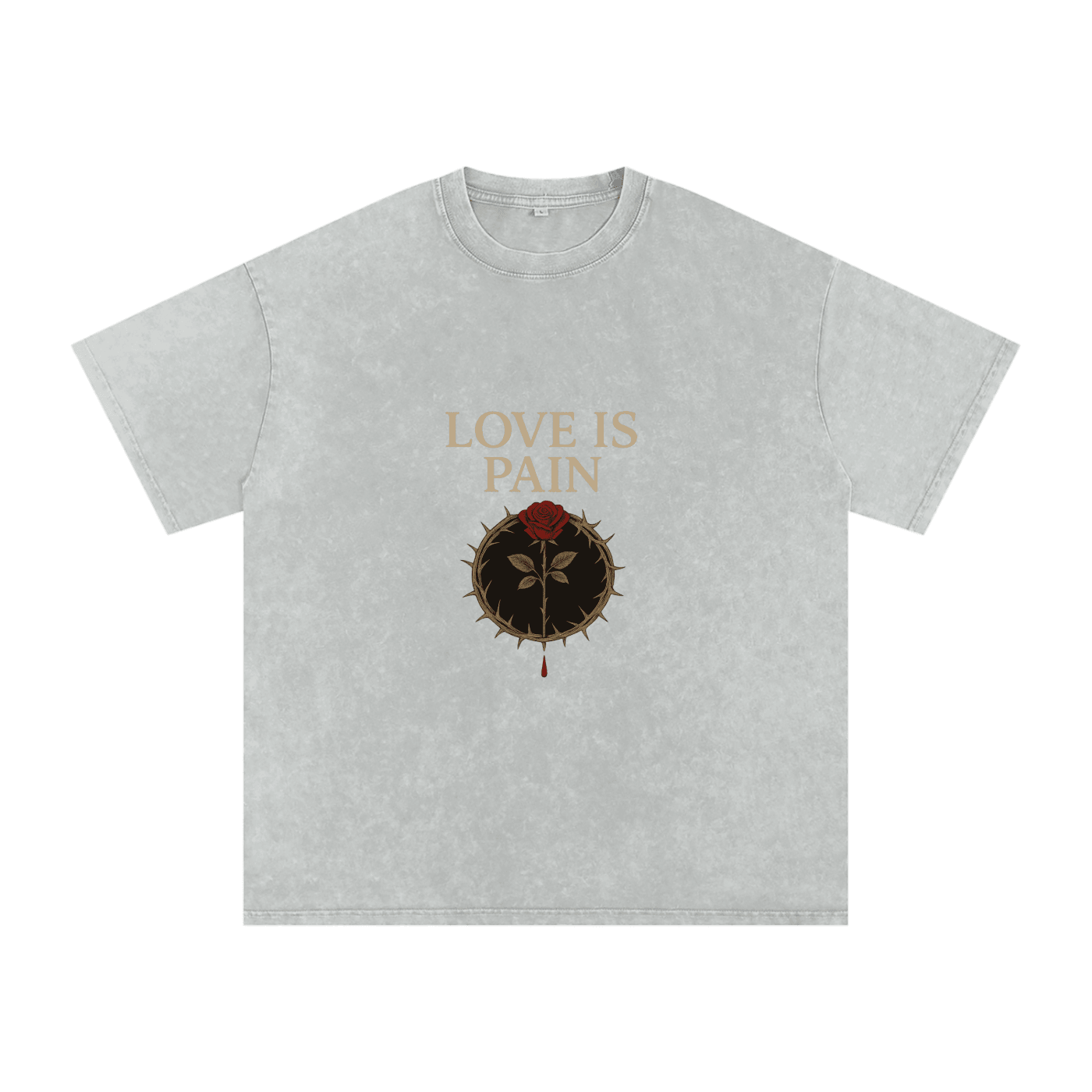 Front view of Love Is Pain graphic t-shirt showing bleeding rose wrapped in barbed wire – Stitro unisex design Light Gray