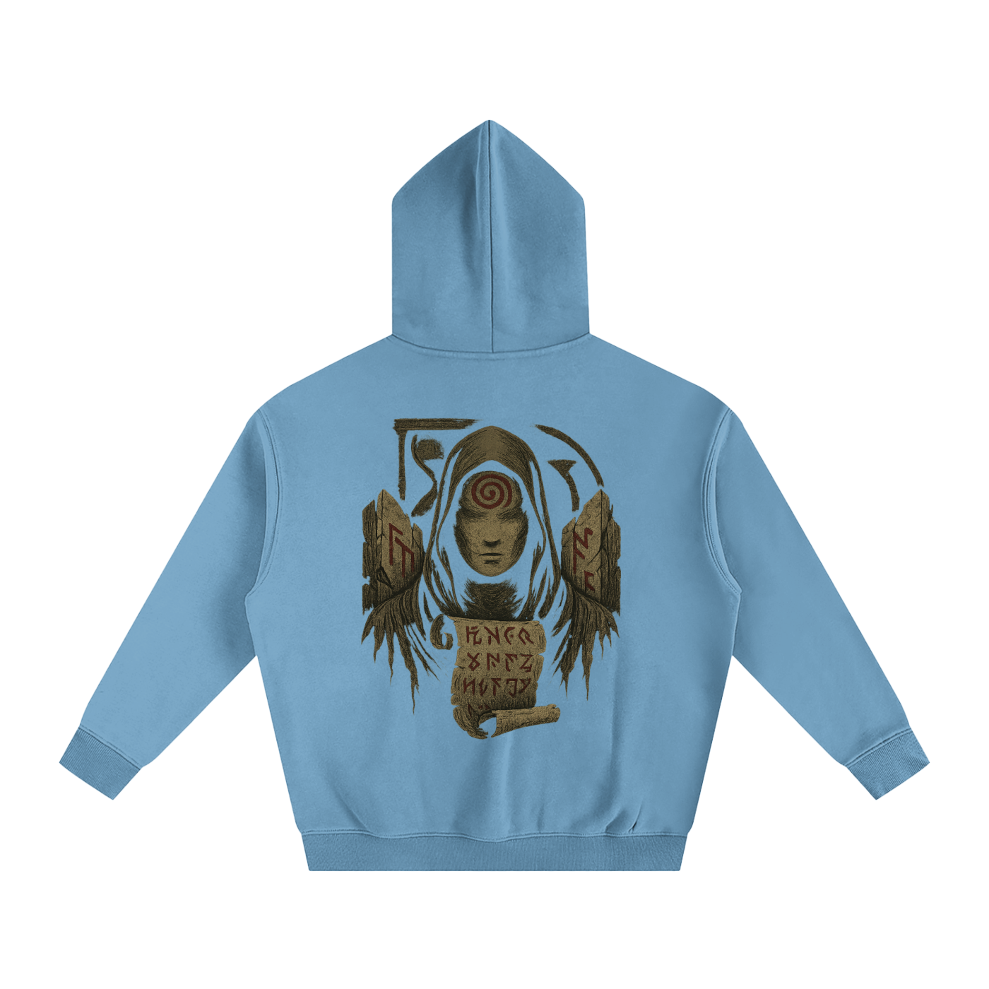 Unisex streetwear hoodie with mystic back print design, medium blue