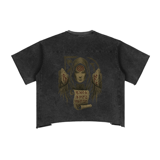 Back view of unisex streetwear cotton t-shirt with spiral eye print, black