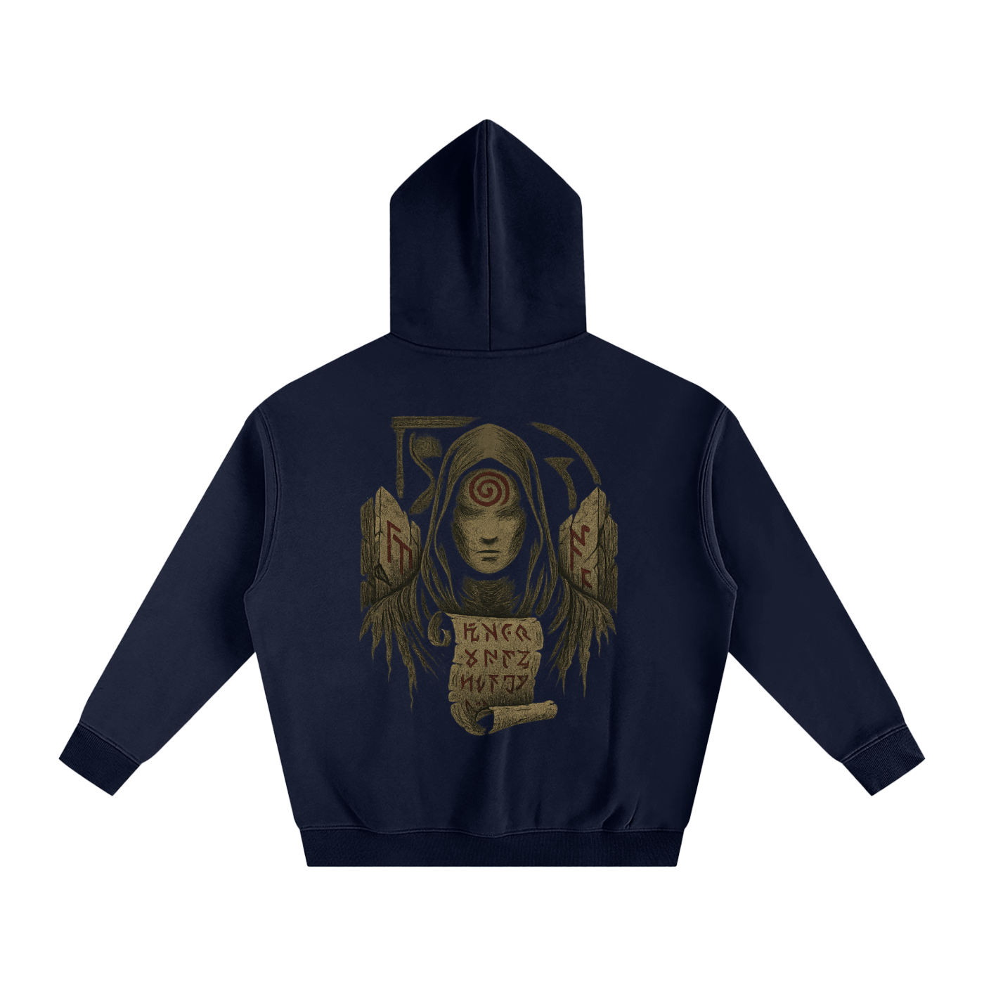 Unisex streetwear hoodie with mystic back print design, navy blue
