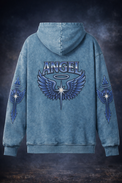 ANGEL Oversized Graphic Hoodie – 100% Cotton Blue Washed Pullover