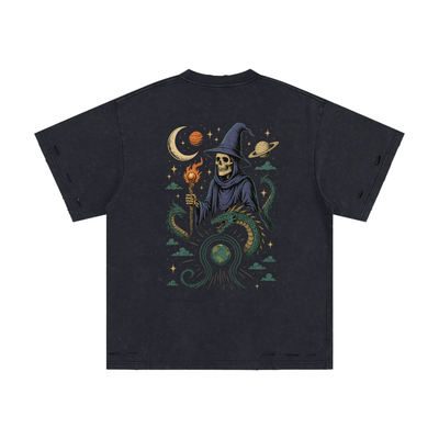 Back graphic of wizard summoning space forces in dark gray tee


