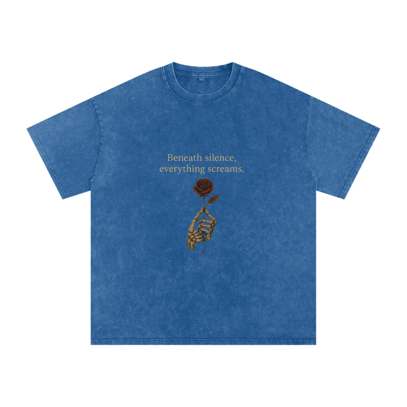 Front print of Masked Silence tee showing skeleton hand holding red rose beneath a silent quote on washed black cotton Dark Blue

