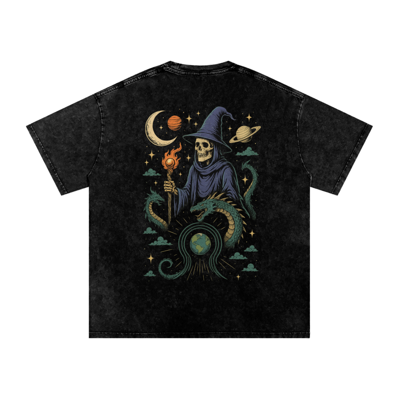 Snake, planets, and Earth design on black graphic tee back

