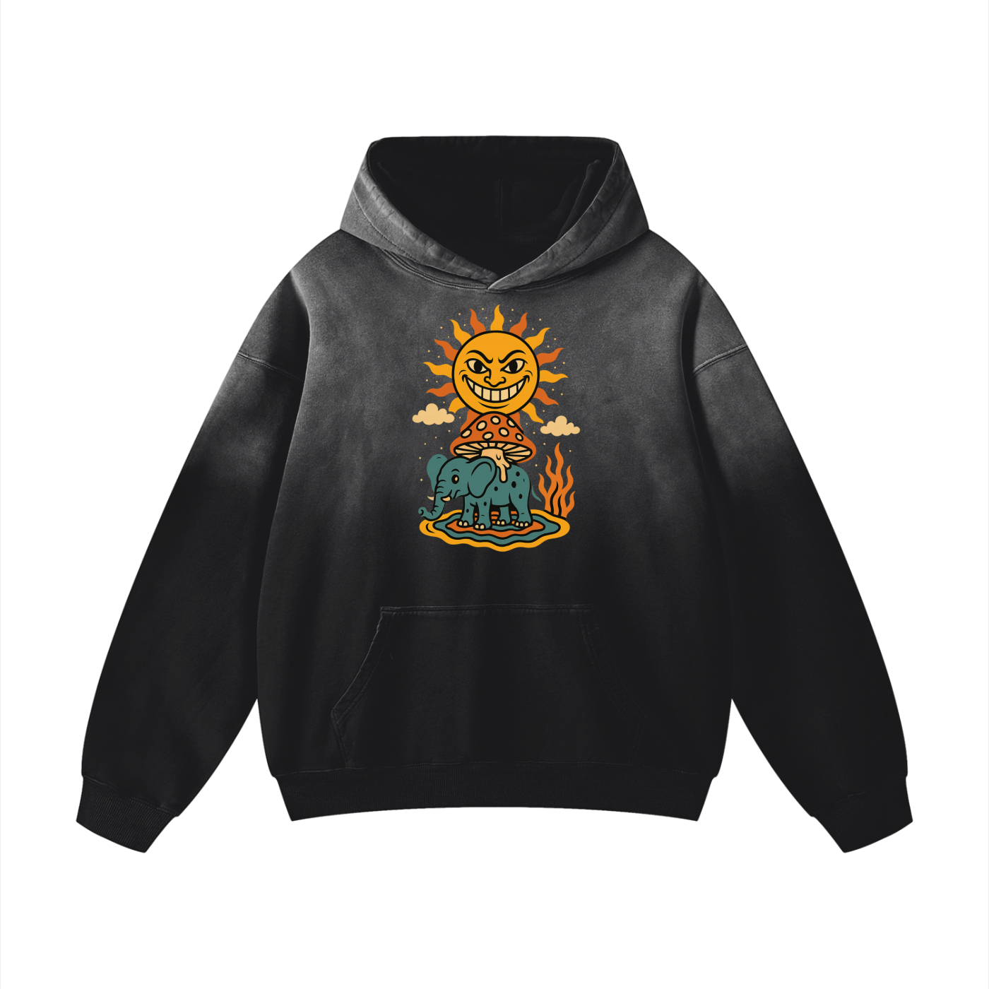 Celestial wizard print on front of black cotton graphic hoodie

