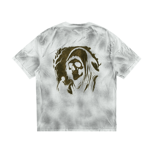 Gothic skull print on 270g cotton drop shoulder shirt, white gray