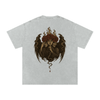 Back design of oversized graphic tee featuring three-faced gothic figure with roses and rising smoke Light Gray

