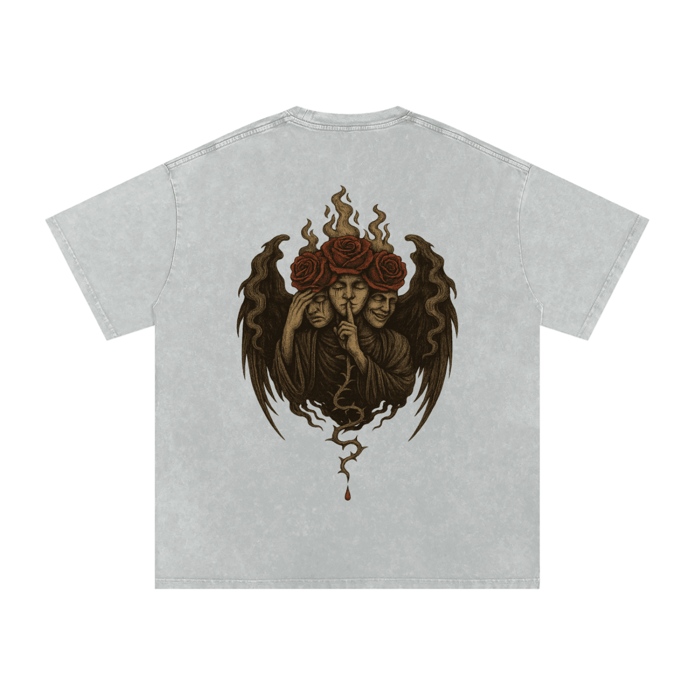 Back design of oversized graphic tee featuring three-faced gothic figure with roses and rising smoke Light Gray


