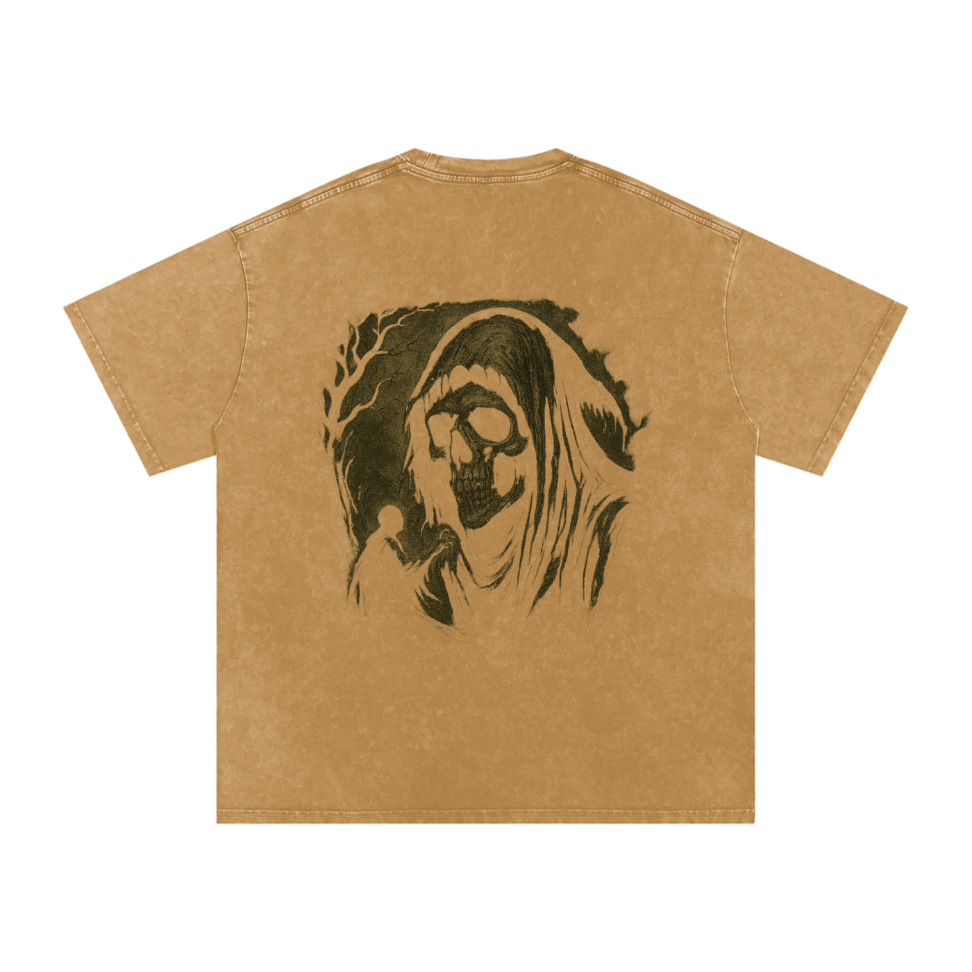 Back print reaper design in loose cotton fashion, light brown